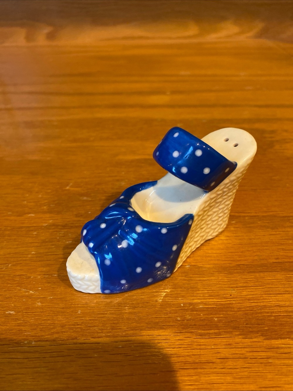 Blue & White Polka Dot High Heel Wedge Shoe Salt Shaker Boho